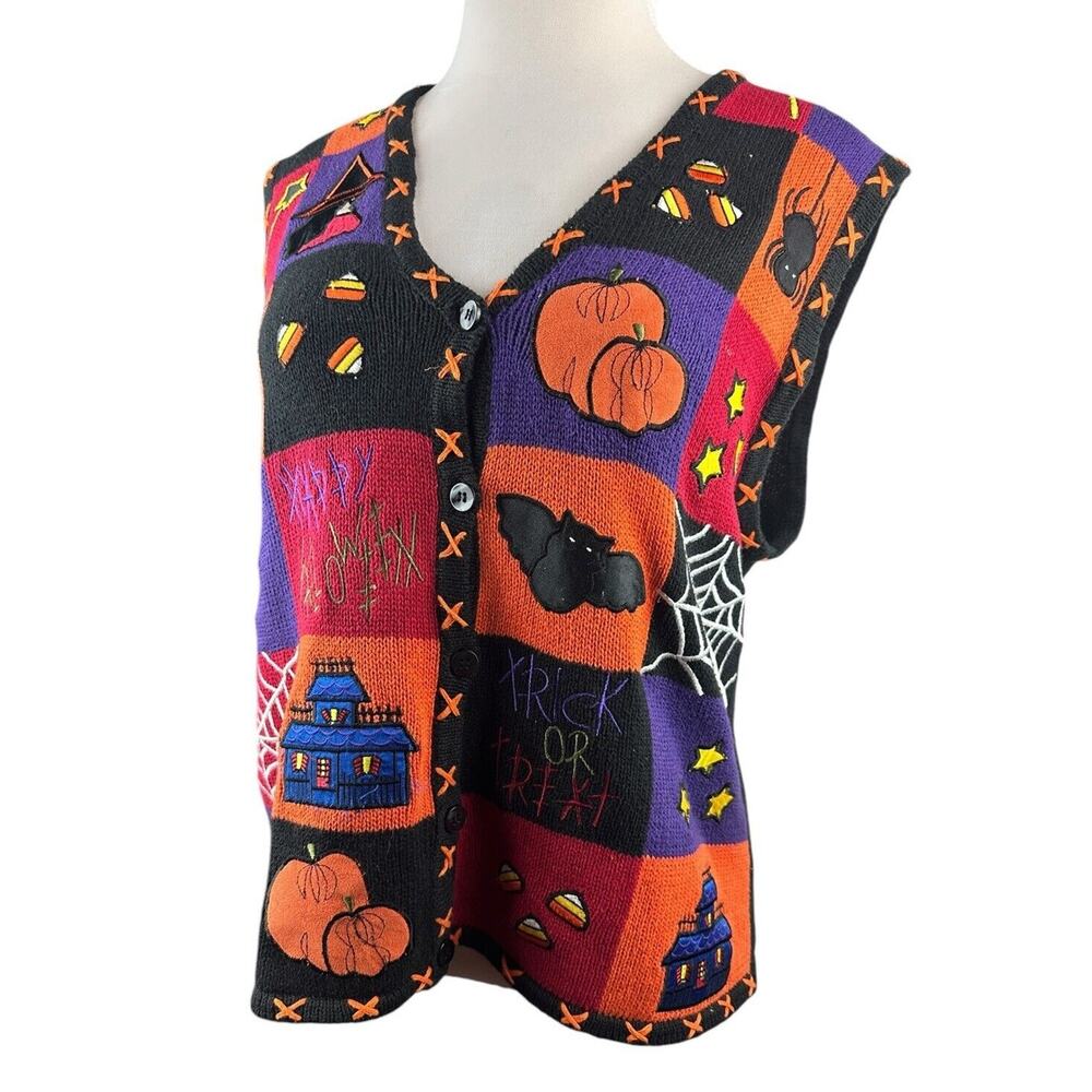 Bobbie Brooks Halloween Knit Vest Trick Or Treat Pumpkin Patch Color Block Large - Picture 9 of 12